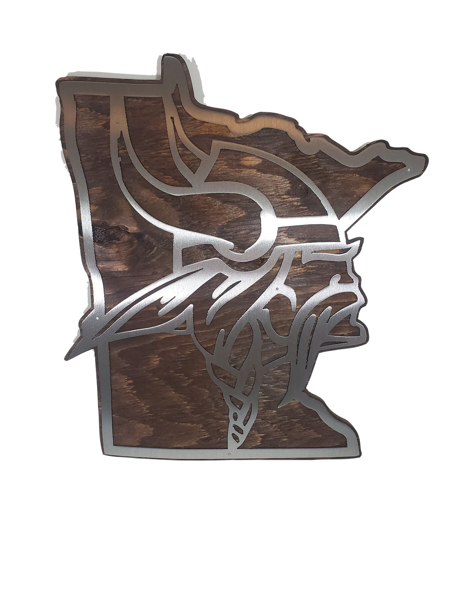 Vikings Head Minnesota State Shape | Metal Art on wood