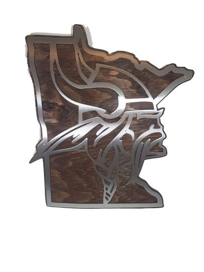 Vikings Head Minnesota State Shape | Metal Art on wood