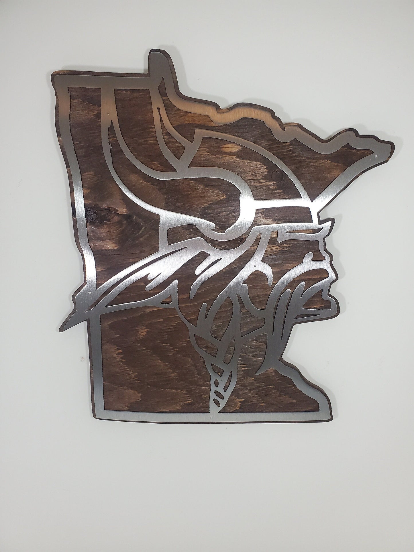 Vikings Head Minnesota State Shape | Metal Art on wood