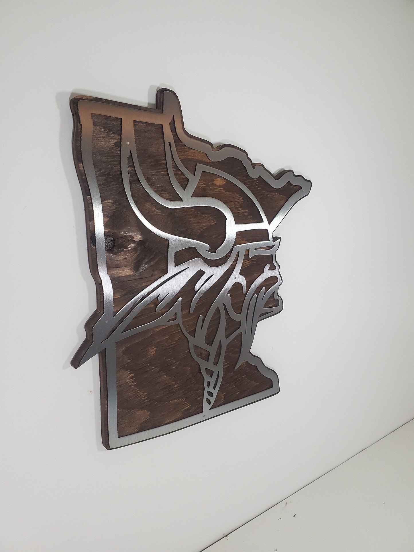 Vikings Head Minnesota State Shape | Metal Art on wood