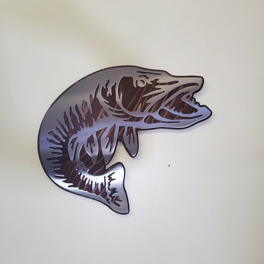 Muskie fish metal art on wood home decor