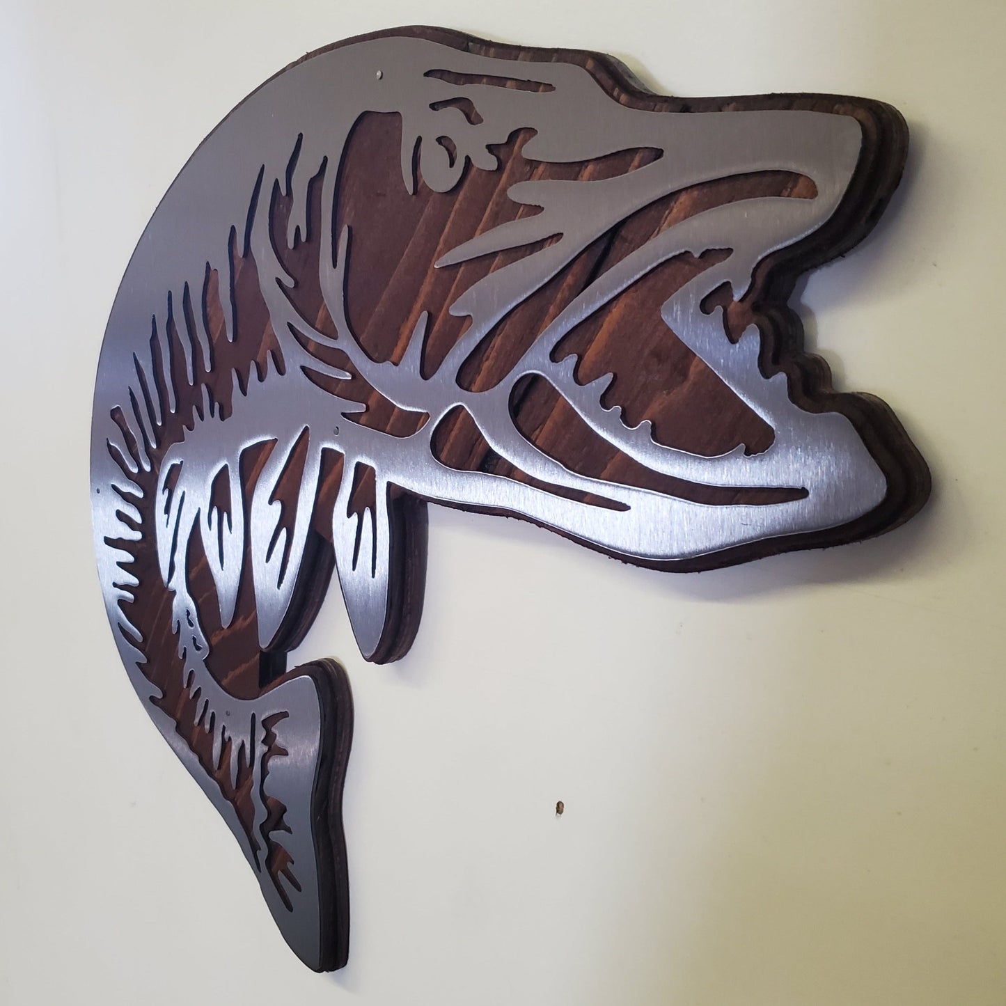 Muskie fish metal art on wood home decor