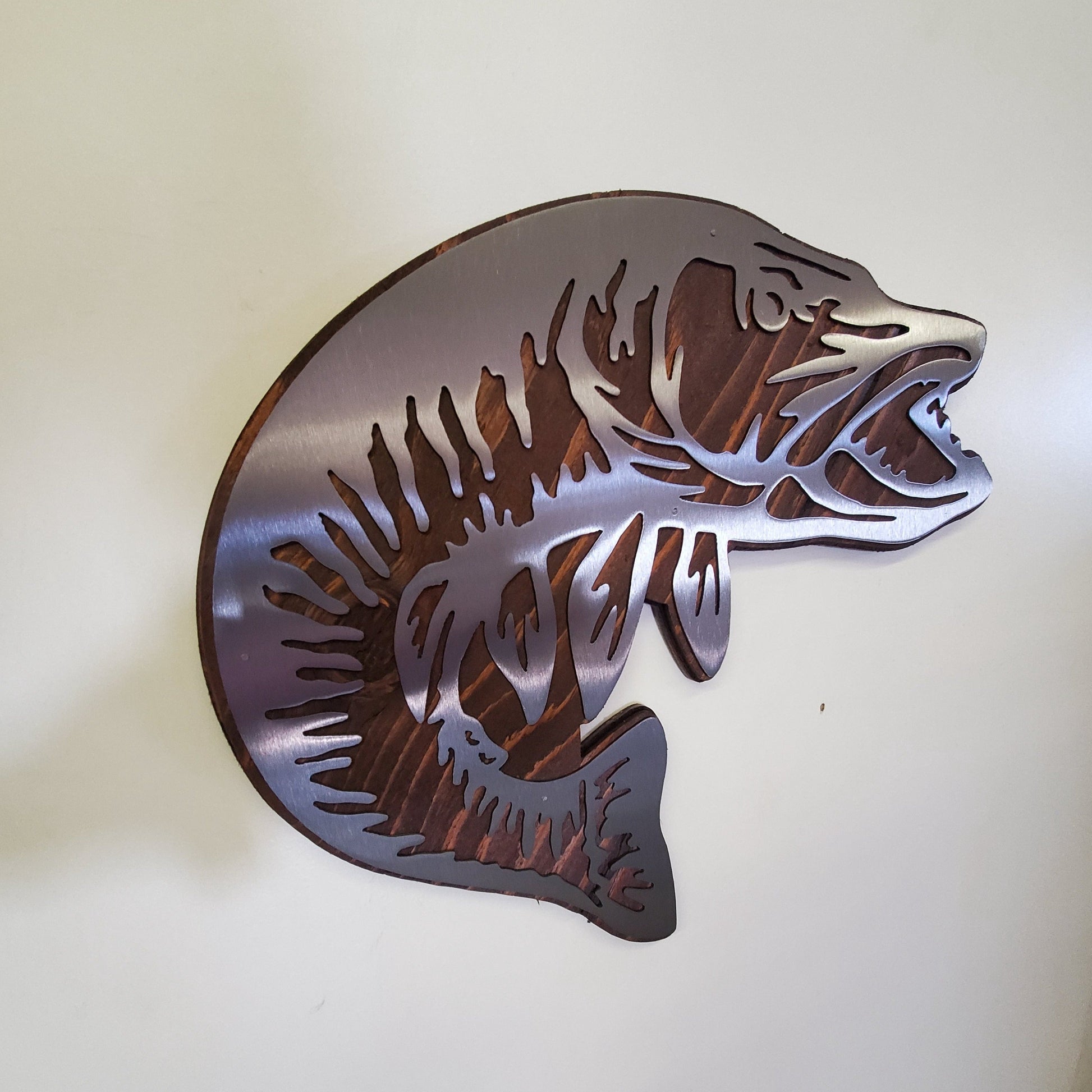 Muskie fish metal art on wood home decor