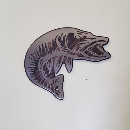 Muskie fish metal art on wood home decor