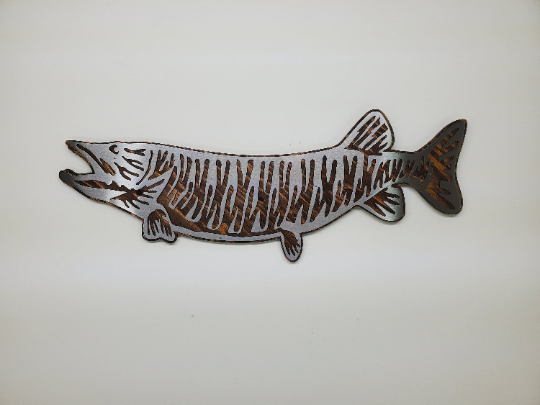 This Muskie fish sculpture art is a beautiful and unique wall decor piece, featuring an artistic representation of the elusive and challenging king catch - the Muskie. It is made using rustic stained wood and clear-coated steel