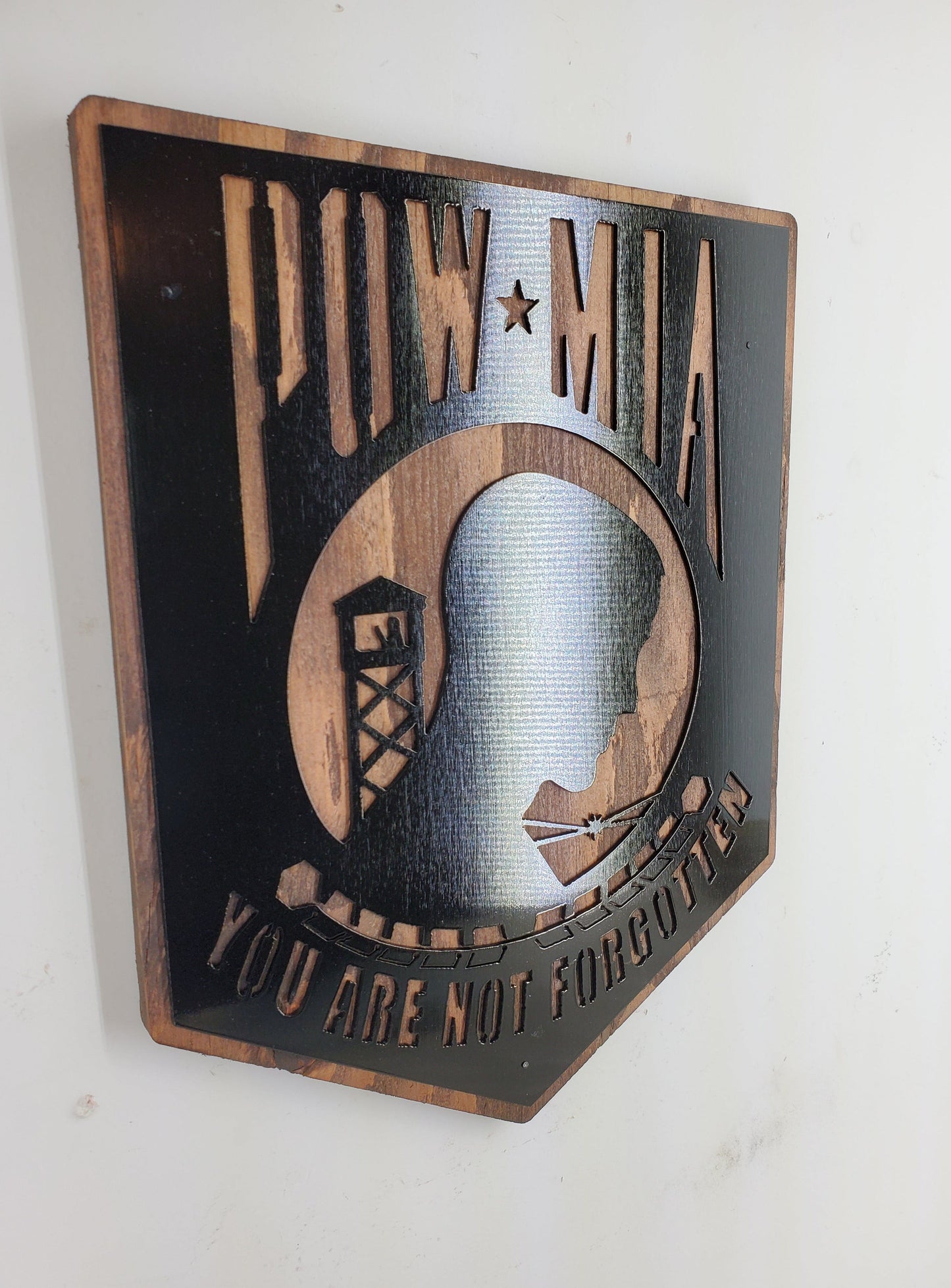 POW MIA Plaque Metal Art on Wood