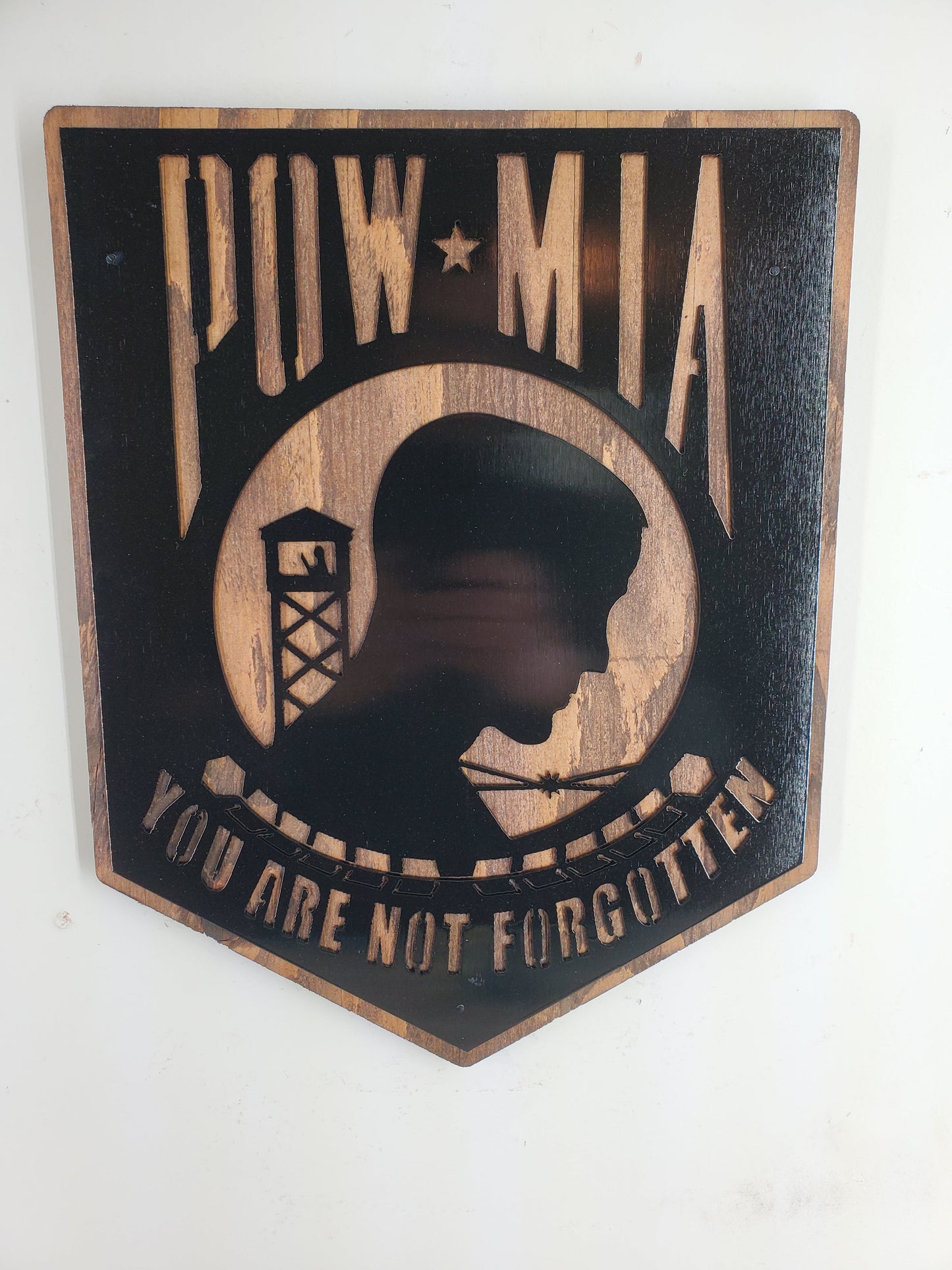 POW MIA Plaque Metal Art on Wood