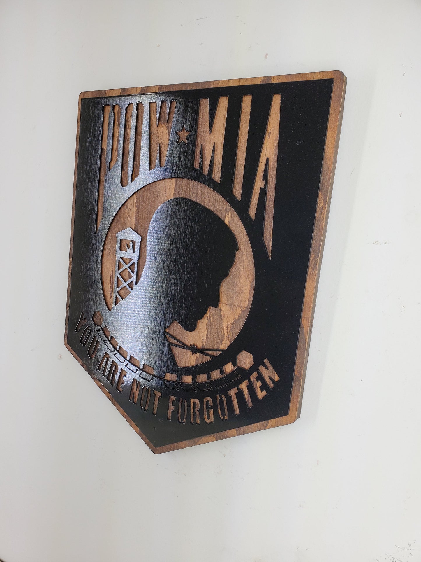 POW MIA Plaque Metal Art on Wood