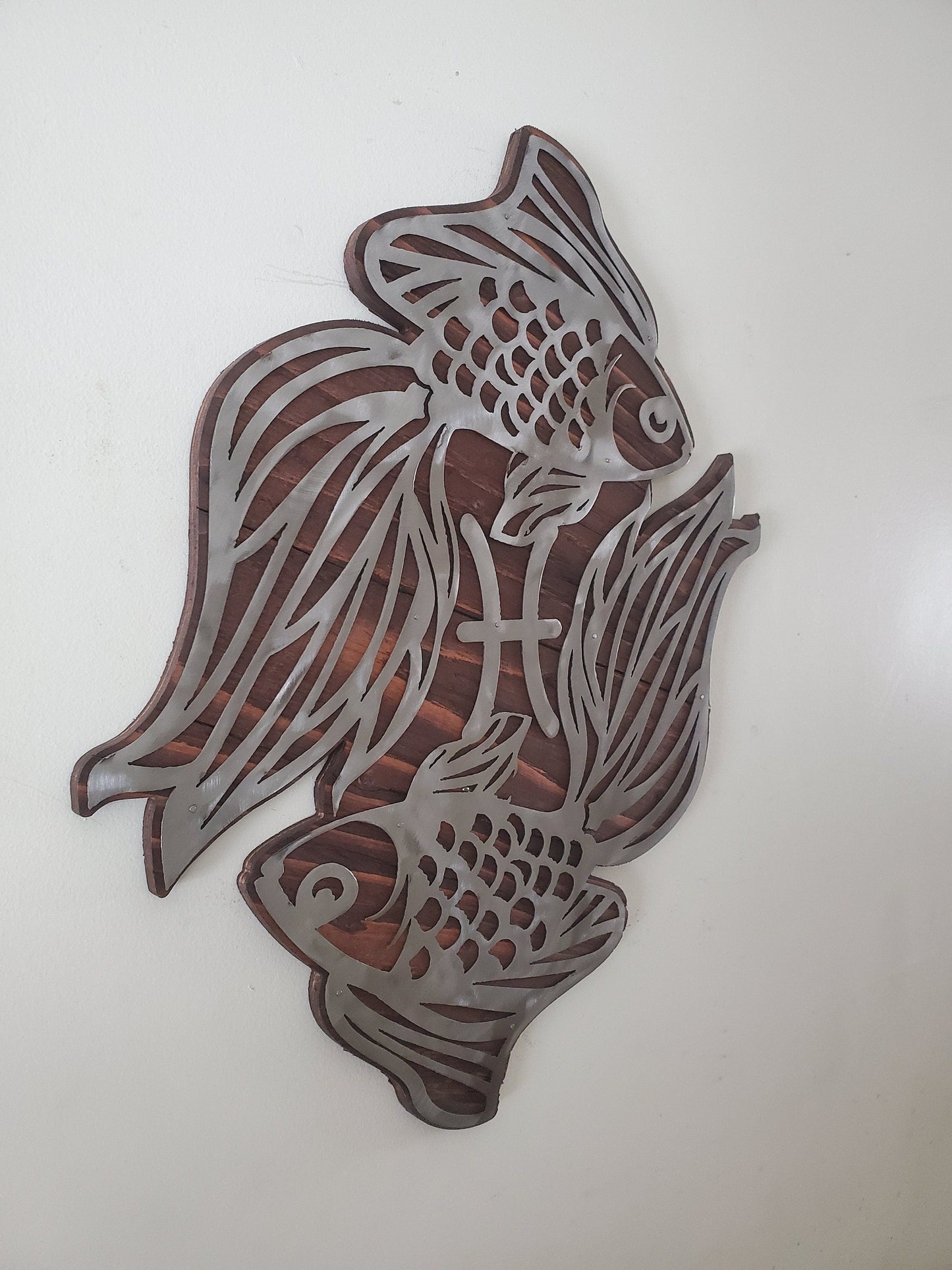 Pisces Symbol Metal Art on Wood