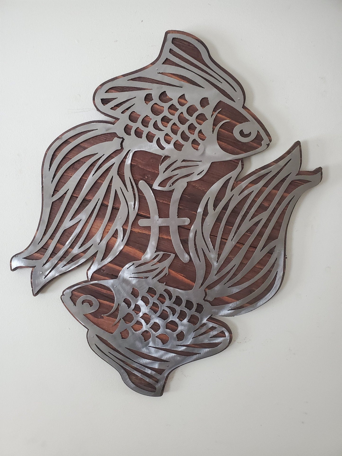 Pisces Symbol Metal Art on Wood
