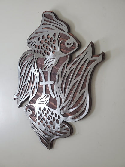Pisces Symbol Metal Art on Wood