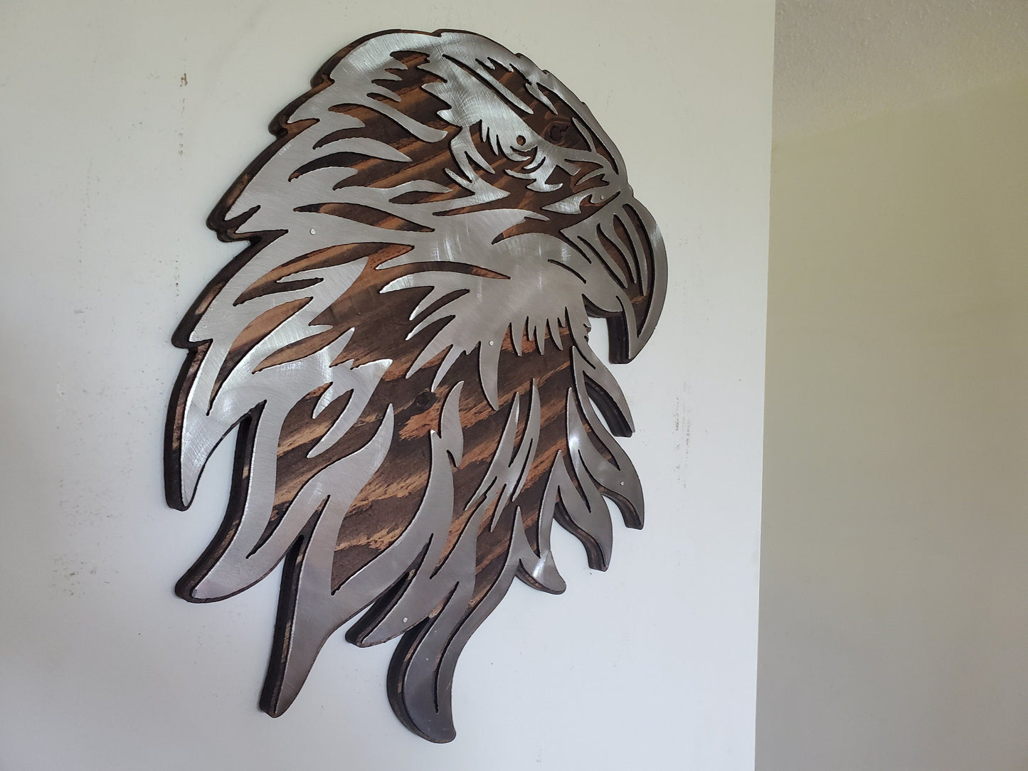 Bald Eagle Metal on Wood Wall Art | Eagle Head Plaque | Made in USA | Wildlife Wall Décor