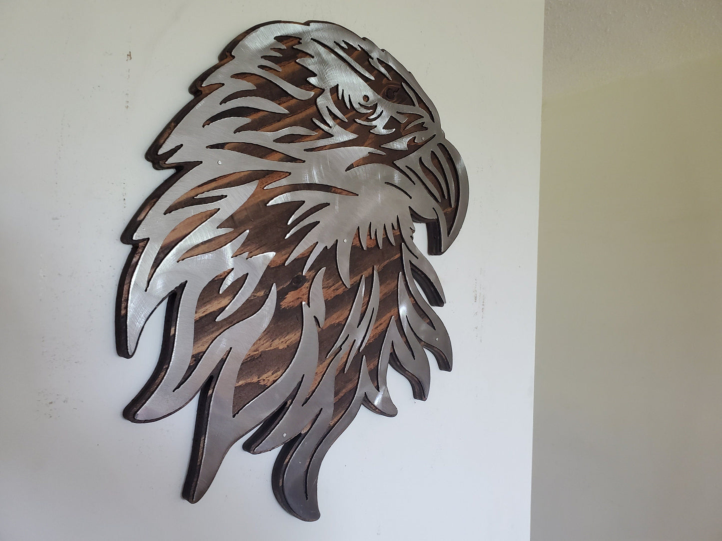 Bald Eagle Metal Art on Wood | Eagle Head Plaque | Made in USA Wildlife Wall Décor