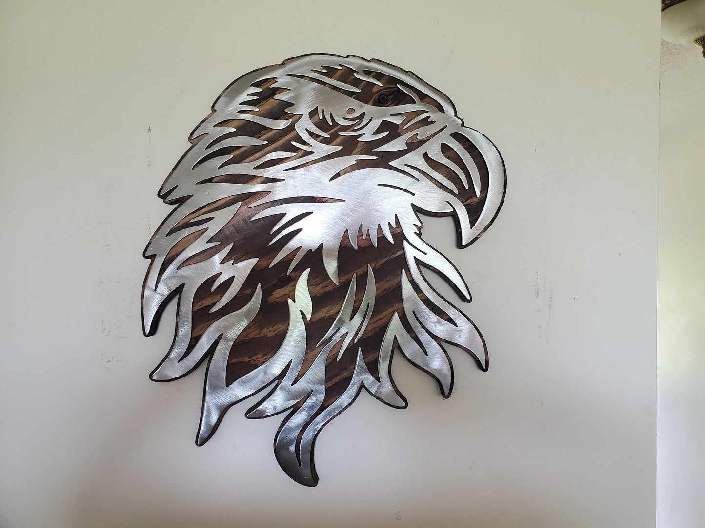 Bald Eagle Metal Art on Wood | Eagle Head Plaque | Made in USA Wildlife Wall Décor