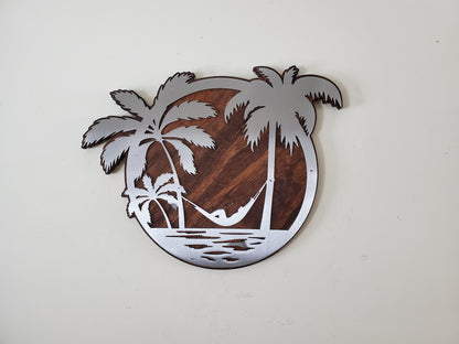 Tropical Beach Hammock Metal Art on Wood