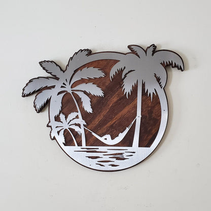 Tropical Beach Hammock Metal Art on Wood