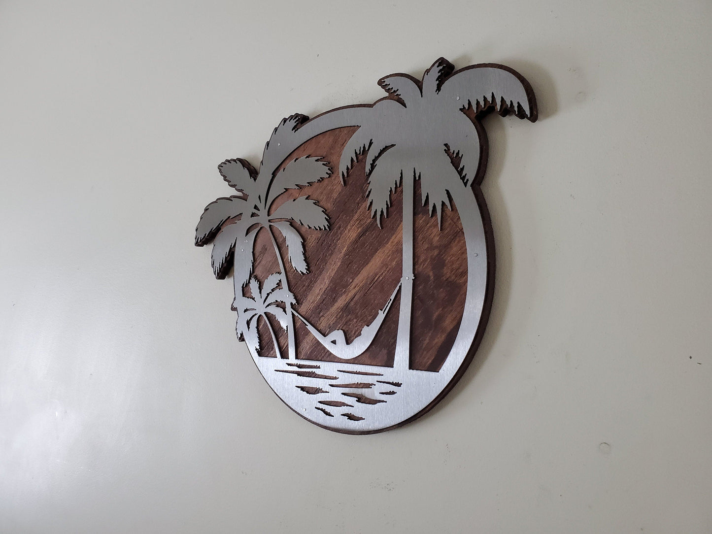 Tropical Beach Hammock Metal Art on Wood