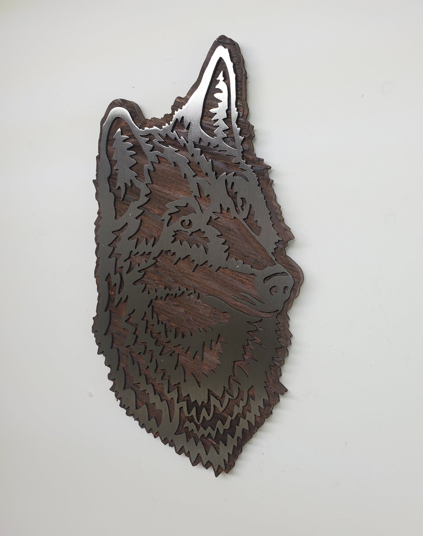 Wolf Head Metal Art on Wood