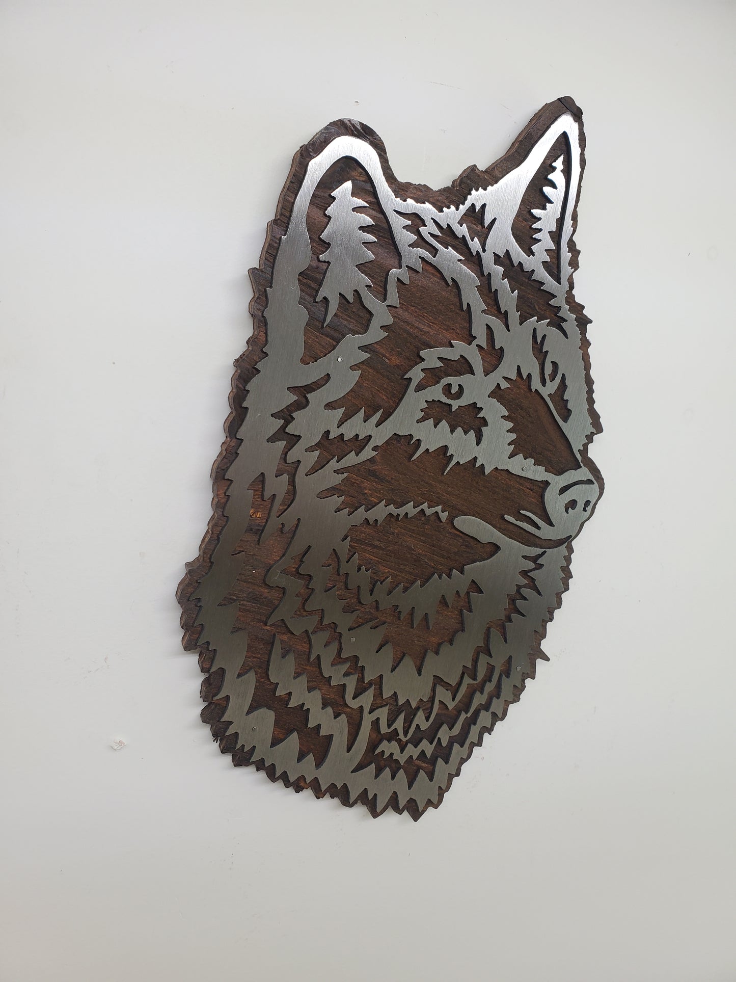 Wolf Head Metal Art on Wood