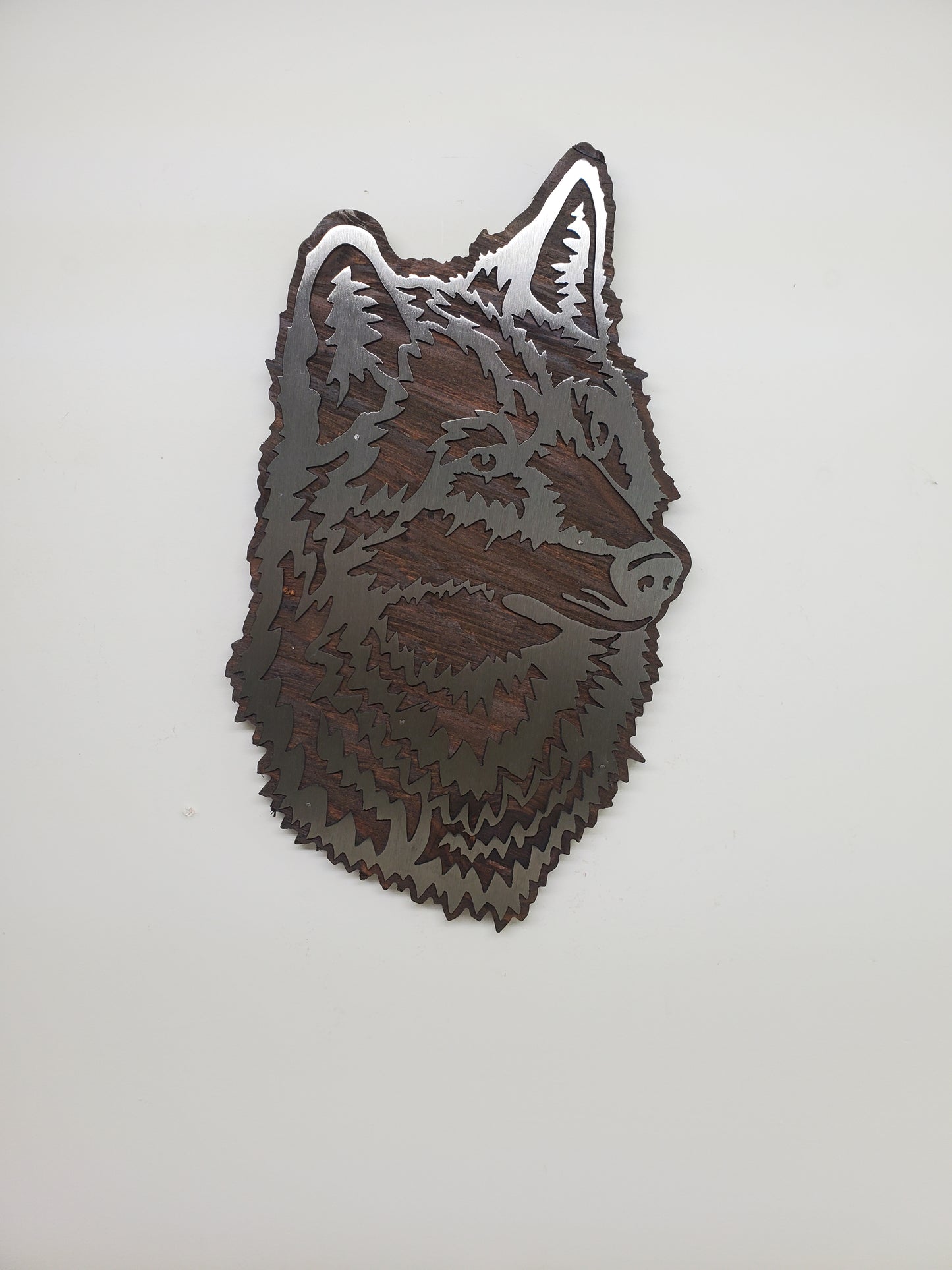 Wolf Head Metal Art on Wood