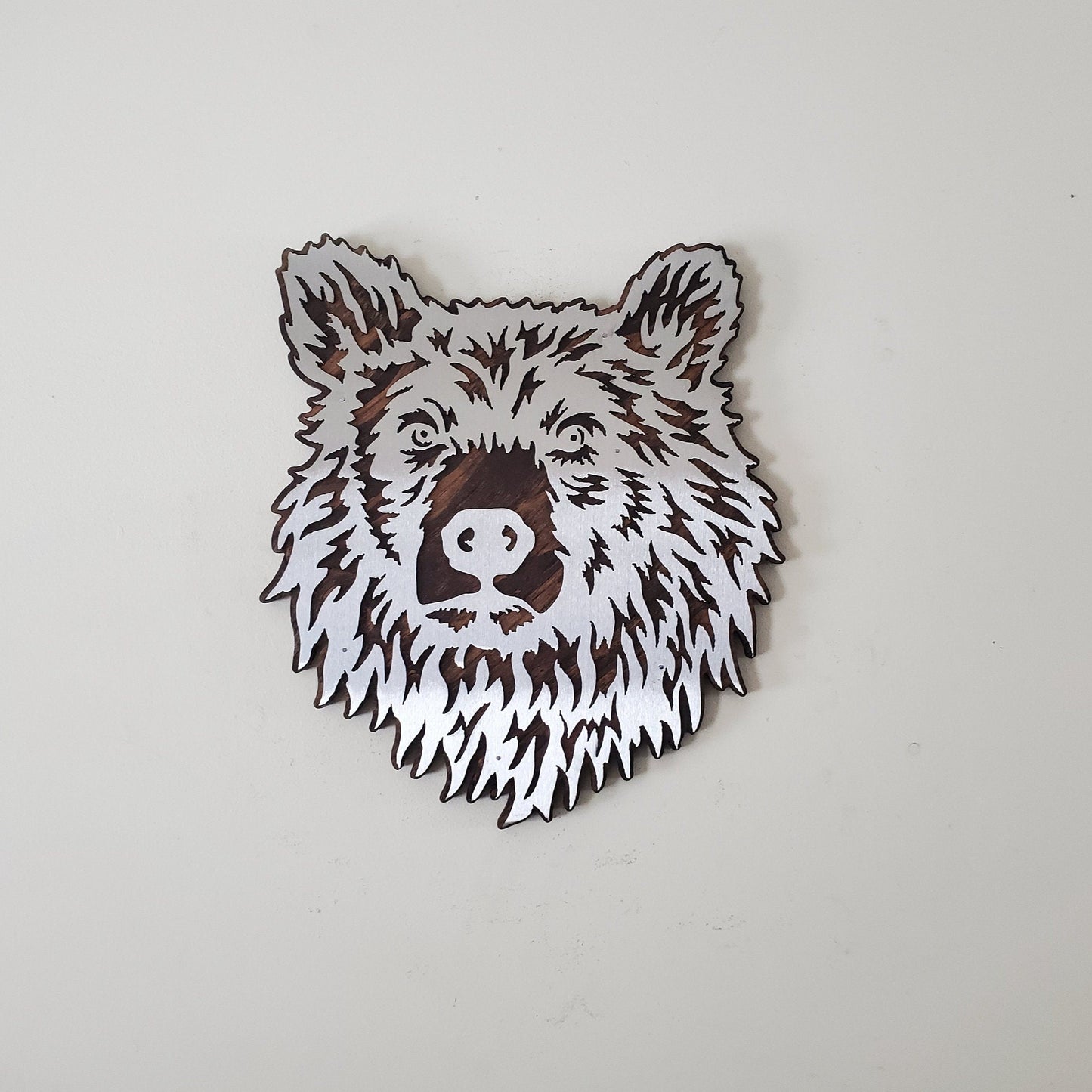 Bear head metal art on wood wall decor Made in USA