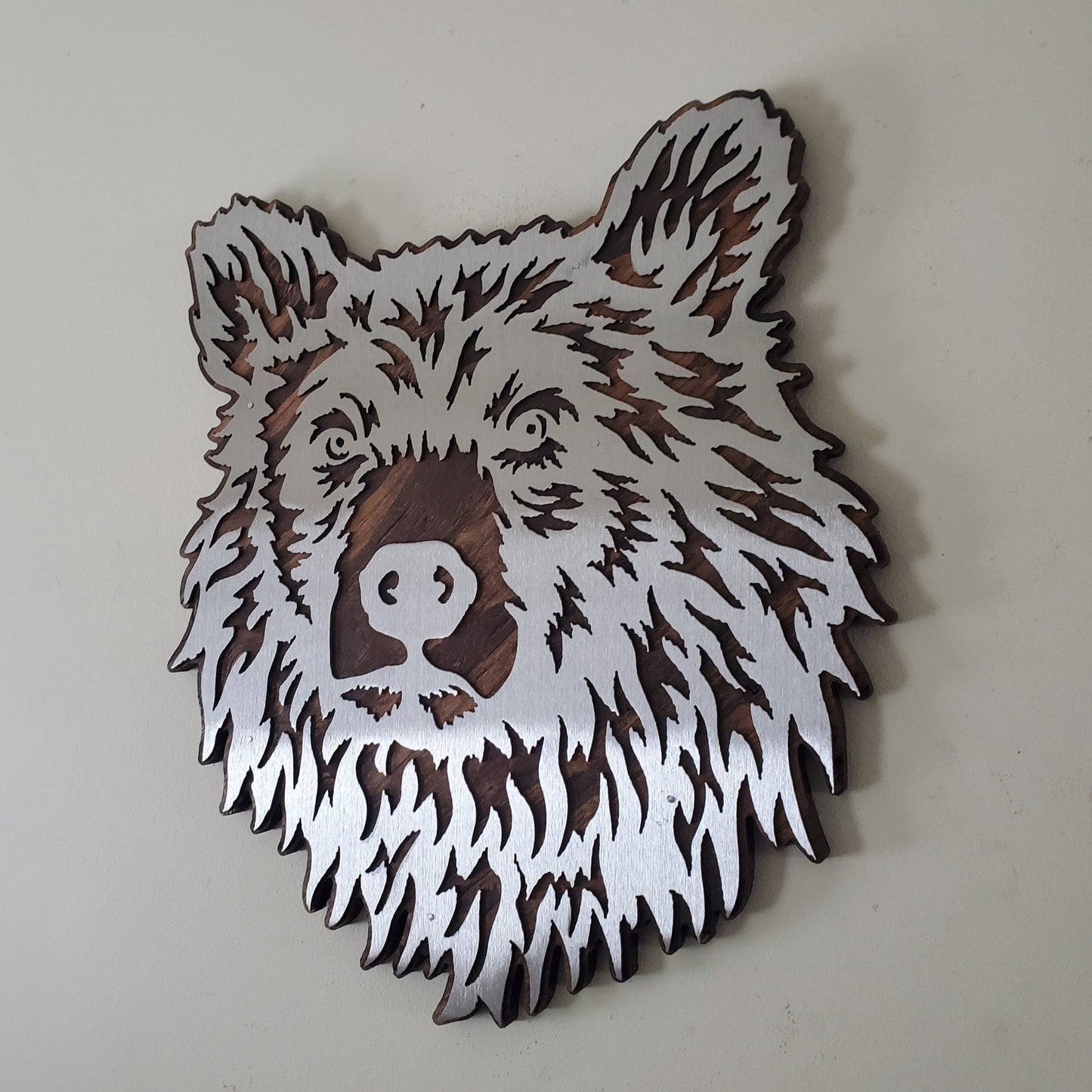 Bear head metal art on wood wall decor Made in USA