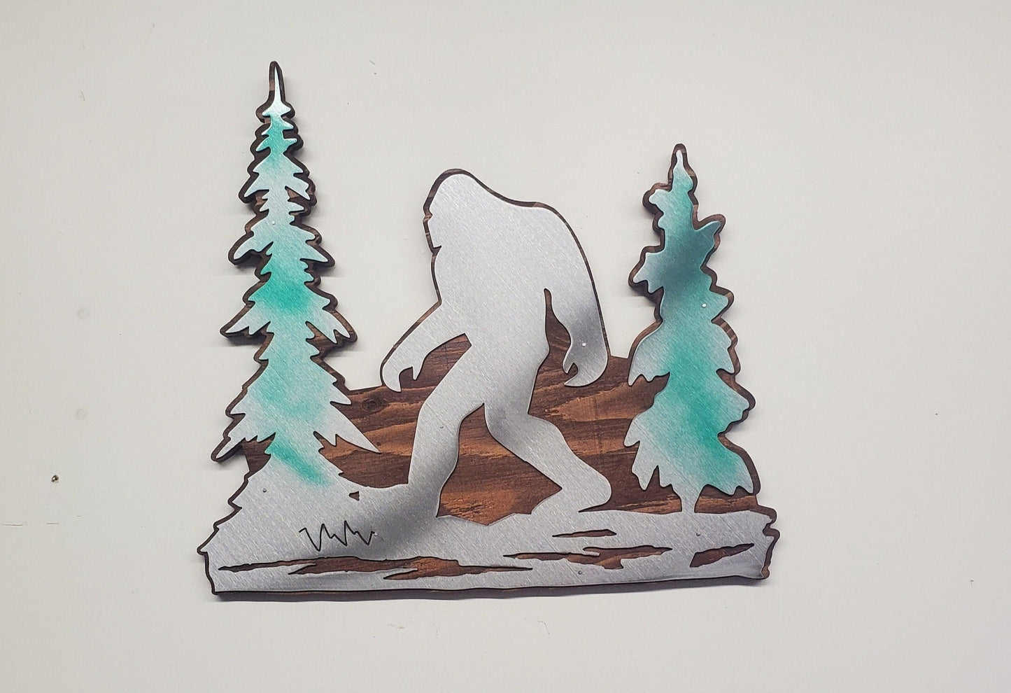 Bigfoot in trees metal art on wood Made in USA