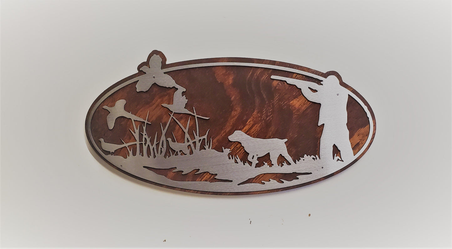 Pheasant Hunting Dogs Metal Art on Wood