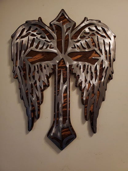 Angel Wings Cross | Metal Wall Art on Wood Wall Decor