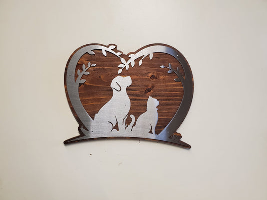 Dog and Cat in a Heart Metal Art on Wood