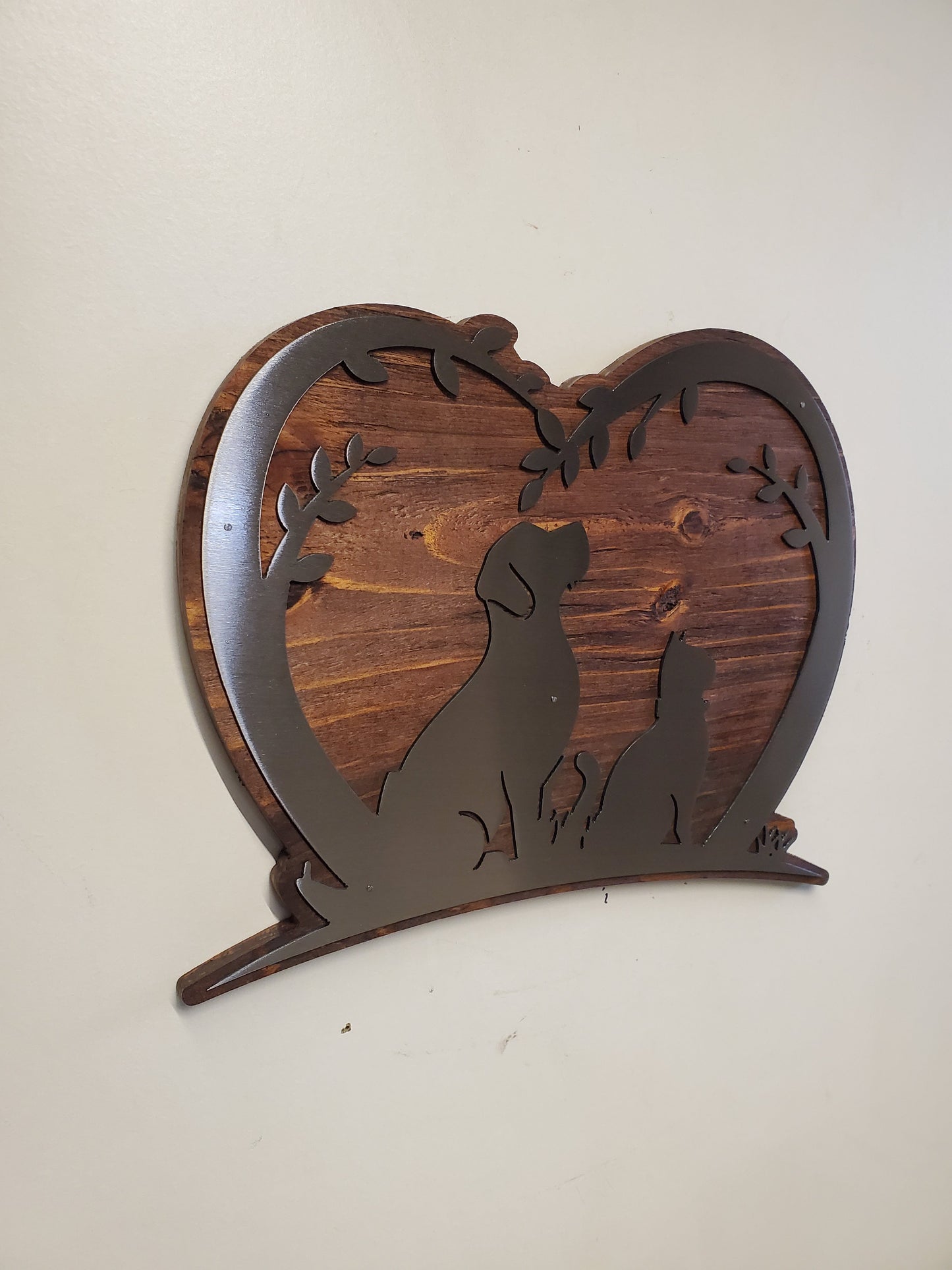 Dog and Cat in a Heart Metal Art on Wood