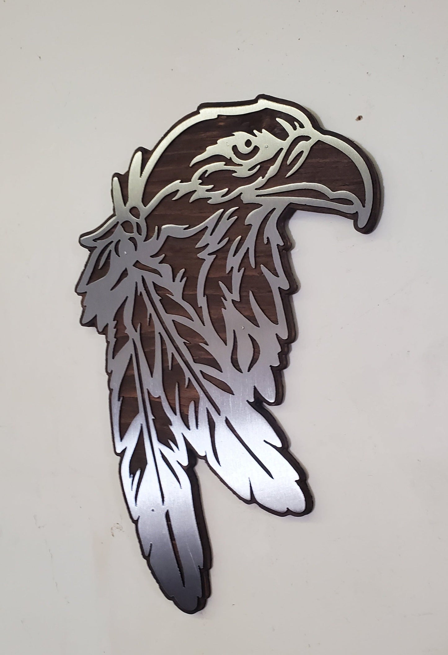 Eagle head with feathers metal art on wood   MADE IN USA