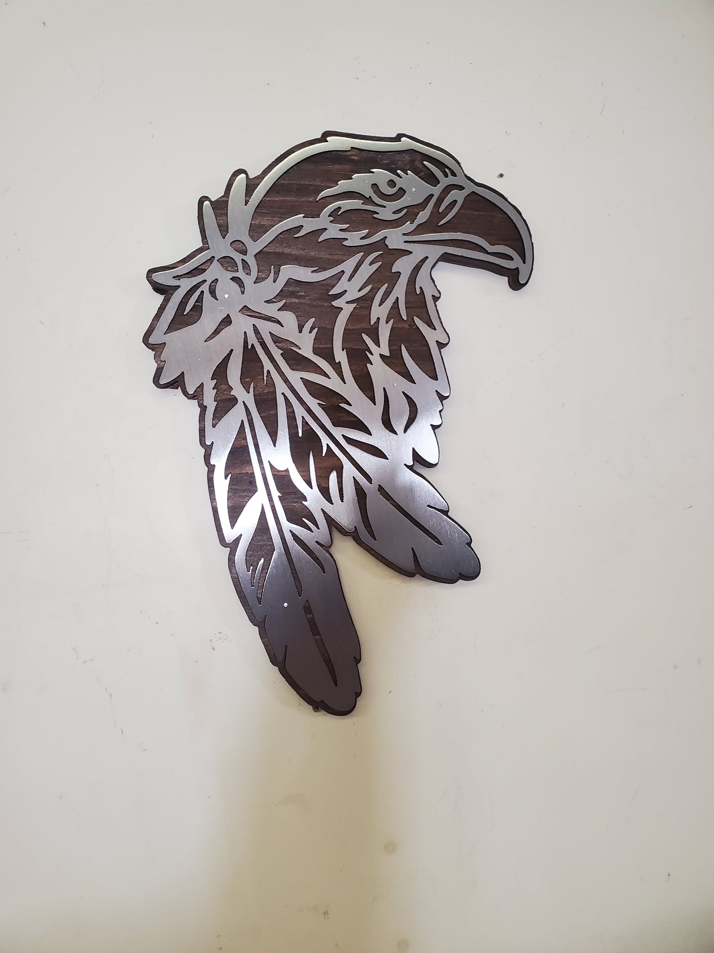 Eagle head with feathers metal art on wood   MADE IN USA