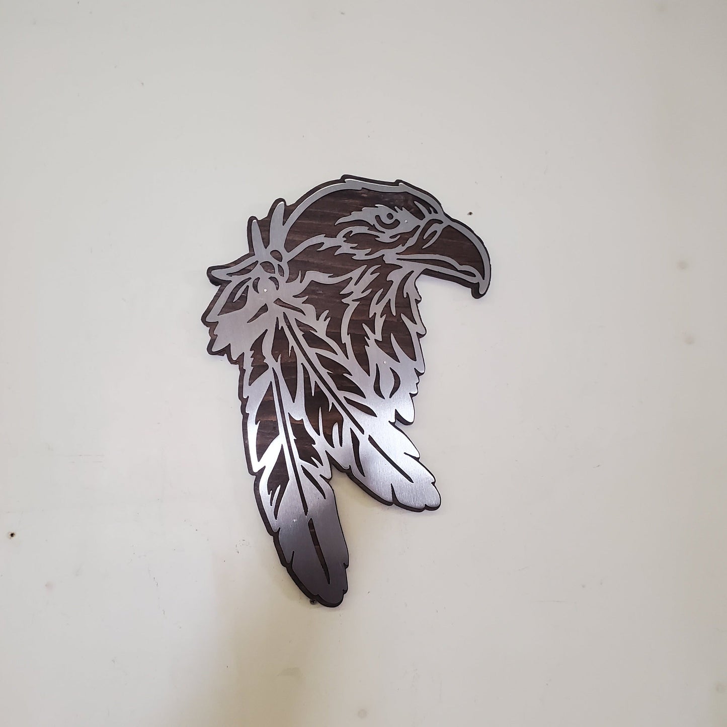 Eagle head with feathers metal art on wood   MADE IN USA