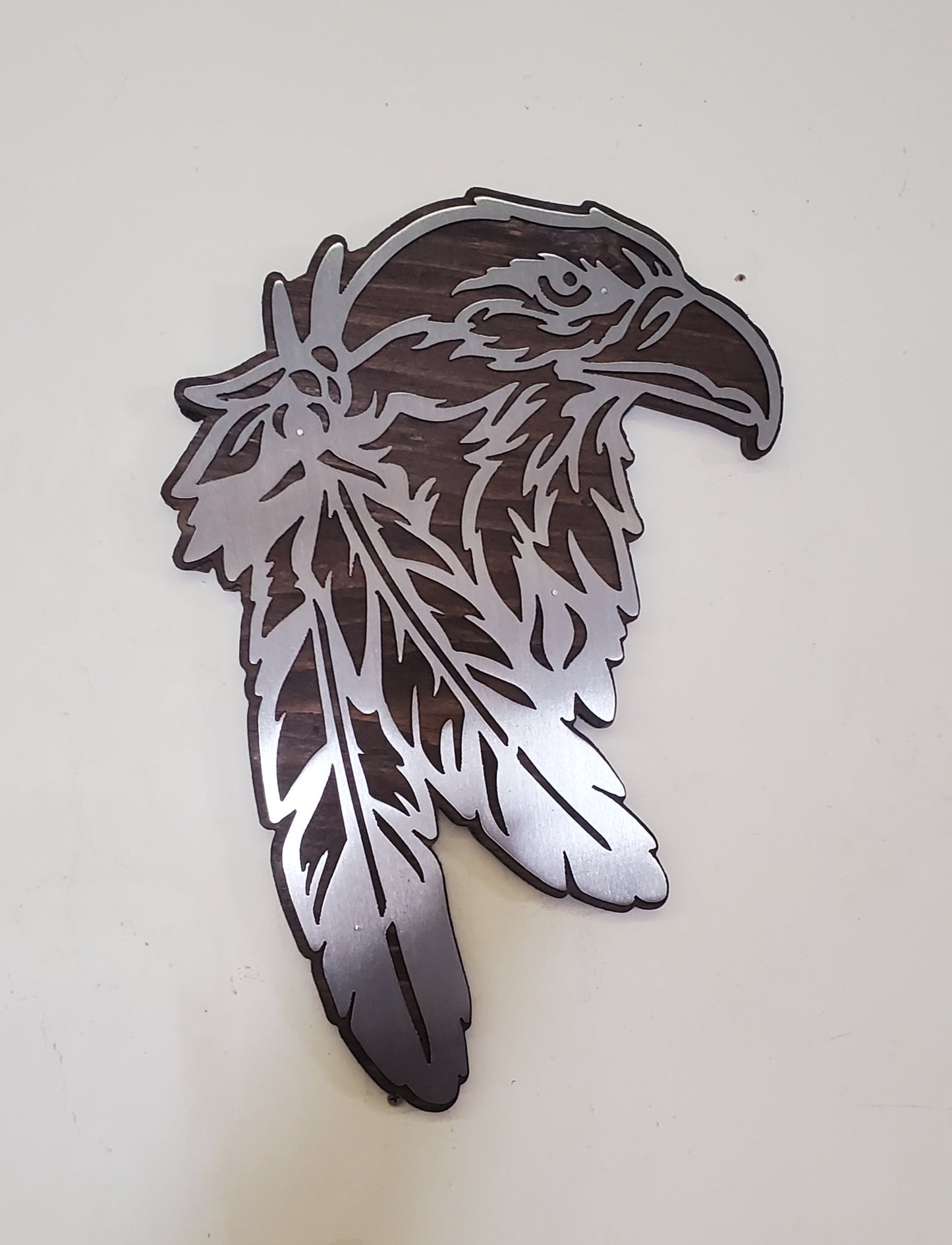 Eagle head with feathers metal art on wood   MADE IN USA