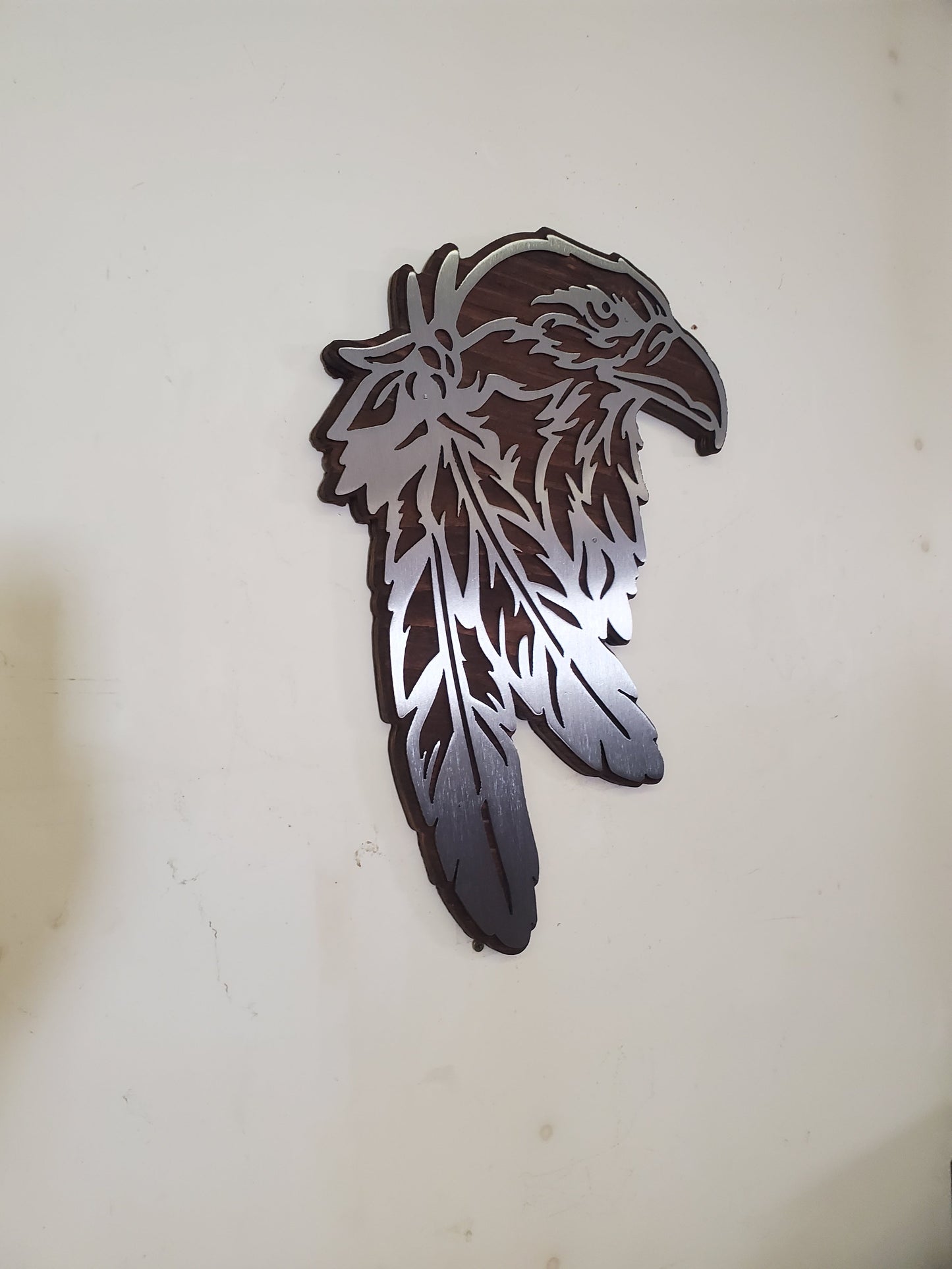 Eagle head with feathers metal art on wood   MADE IN USA