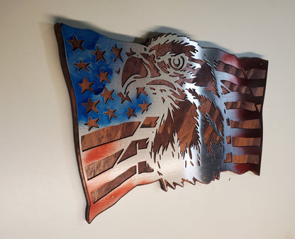 American Flag with Eagle Metal Art on Wood