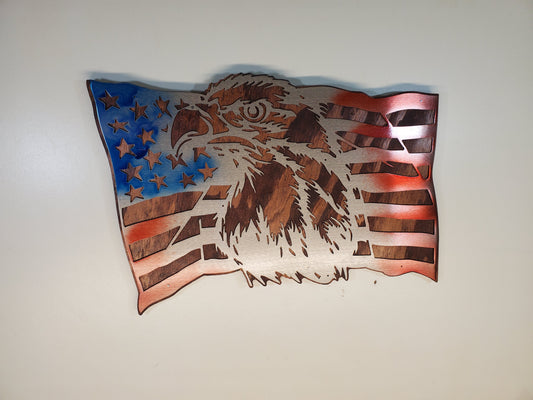 American Flag with Eagle Metal Art on Wood