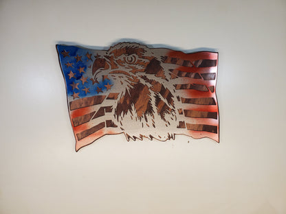 American Flag with Eagle Metal Art on Wood