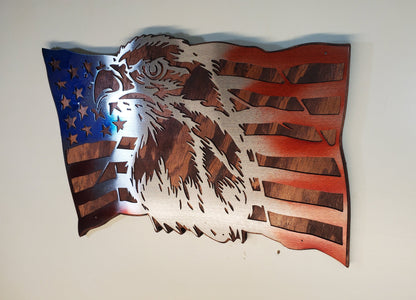 American Flag with Eagle Metal Art on Wood