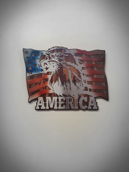 American Flag with Eagle Metal Wall Art | U.S. History Stars & Stripes Americana Wall Plaque Gift | Made in USA of Rustic Wood and Steel