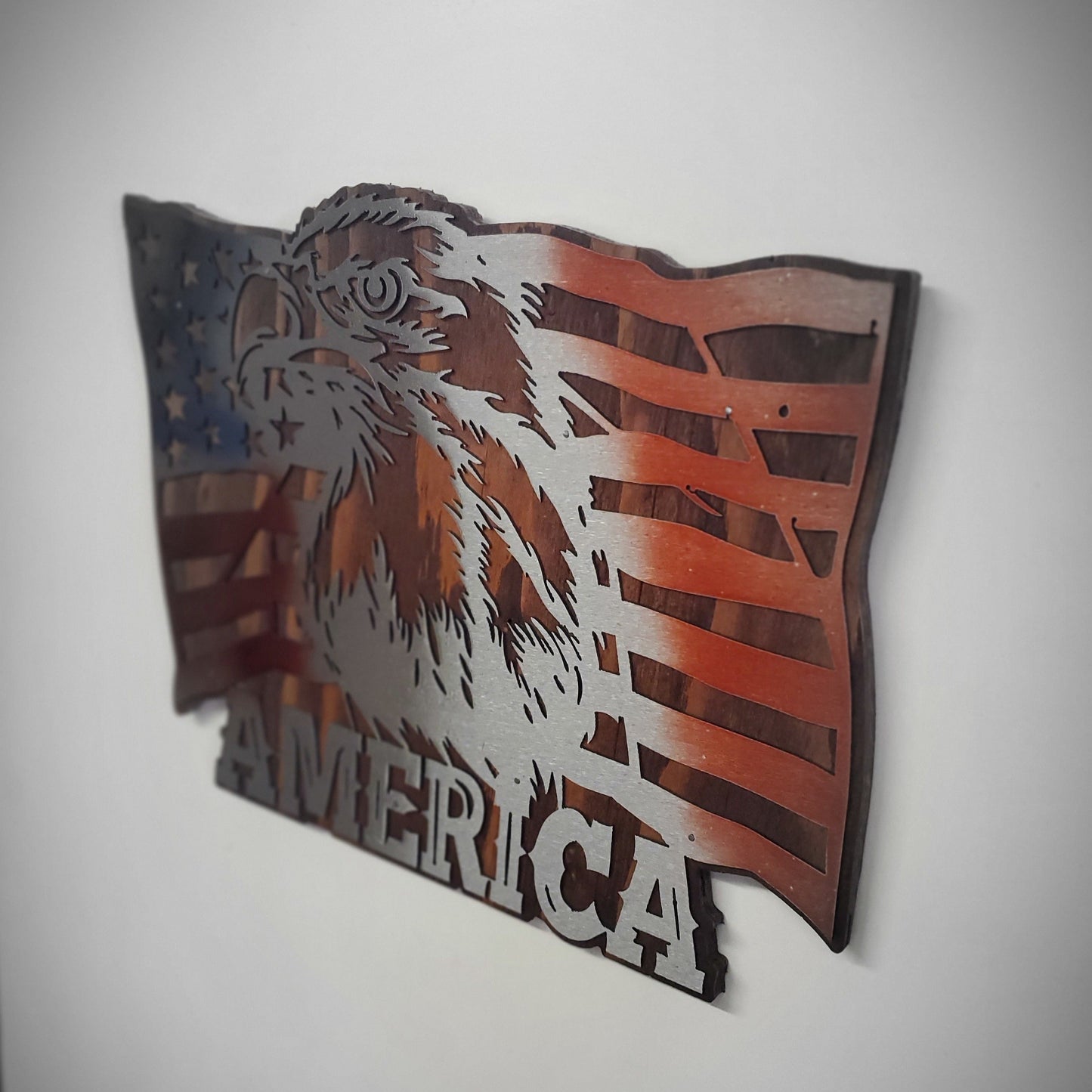 American Flag with Eagle Metal Wall Art | U.S. History Stars & Stripes Americana Wall Plaque Gift | Made in USA of Rustic Wood and Steel