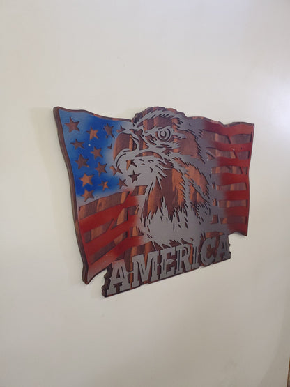 American Flag with Eagle Metal Wall Art | U.S. History Stars & Stripes Americana Wall Plaque Gift | Made in USA of Rustic Wood and Steel