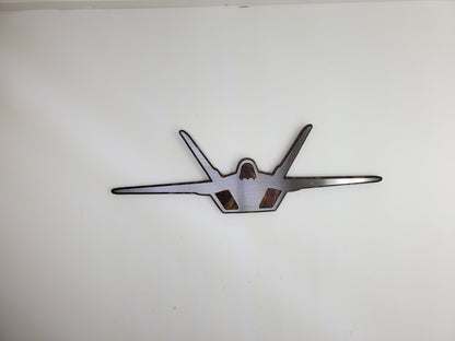 f-22 raptor metal art on stained wood