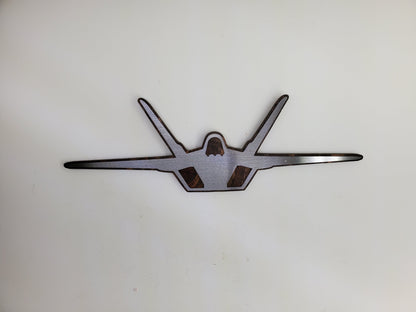 f-22 raptor metal art on stained wood