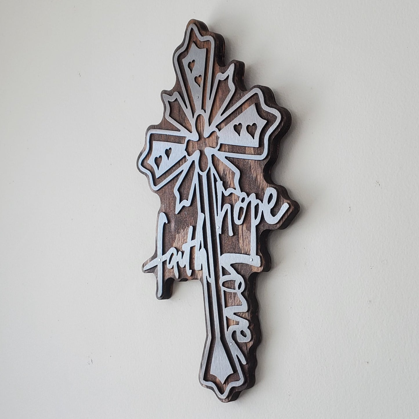 faith metal art cross on wood beamish