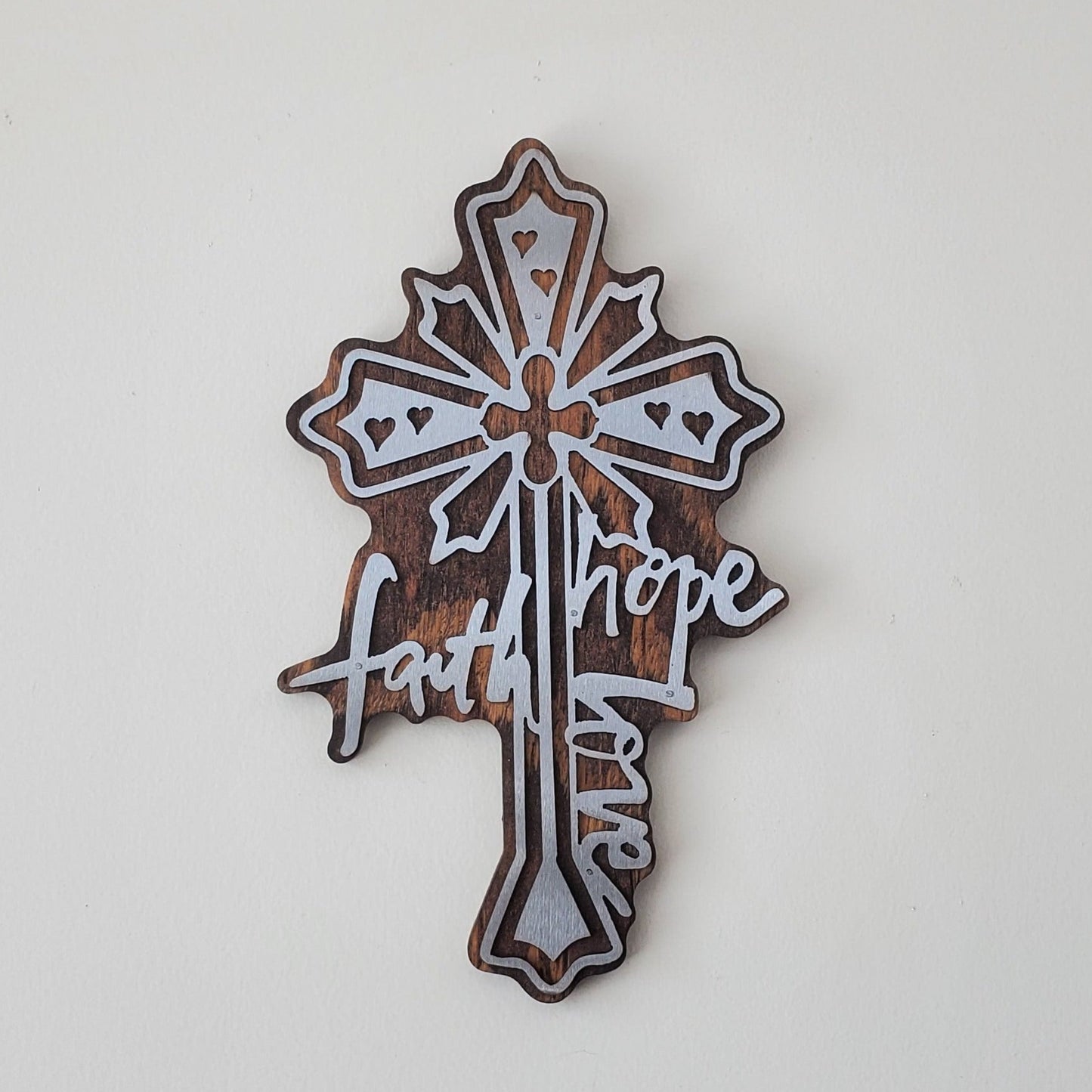 faith metal art cross on wood beamish