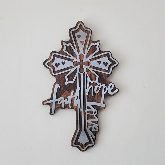 faith metal art cross on wood beamish