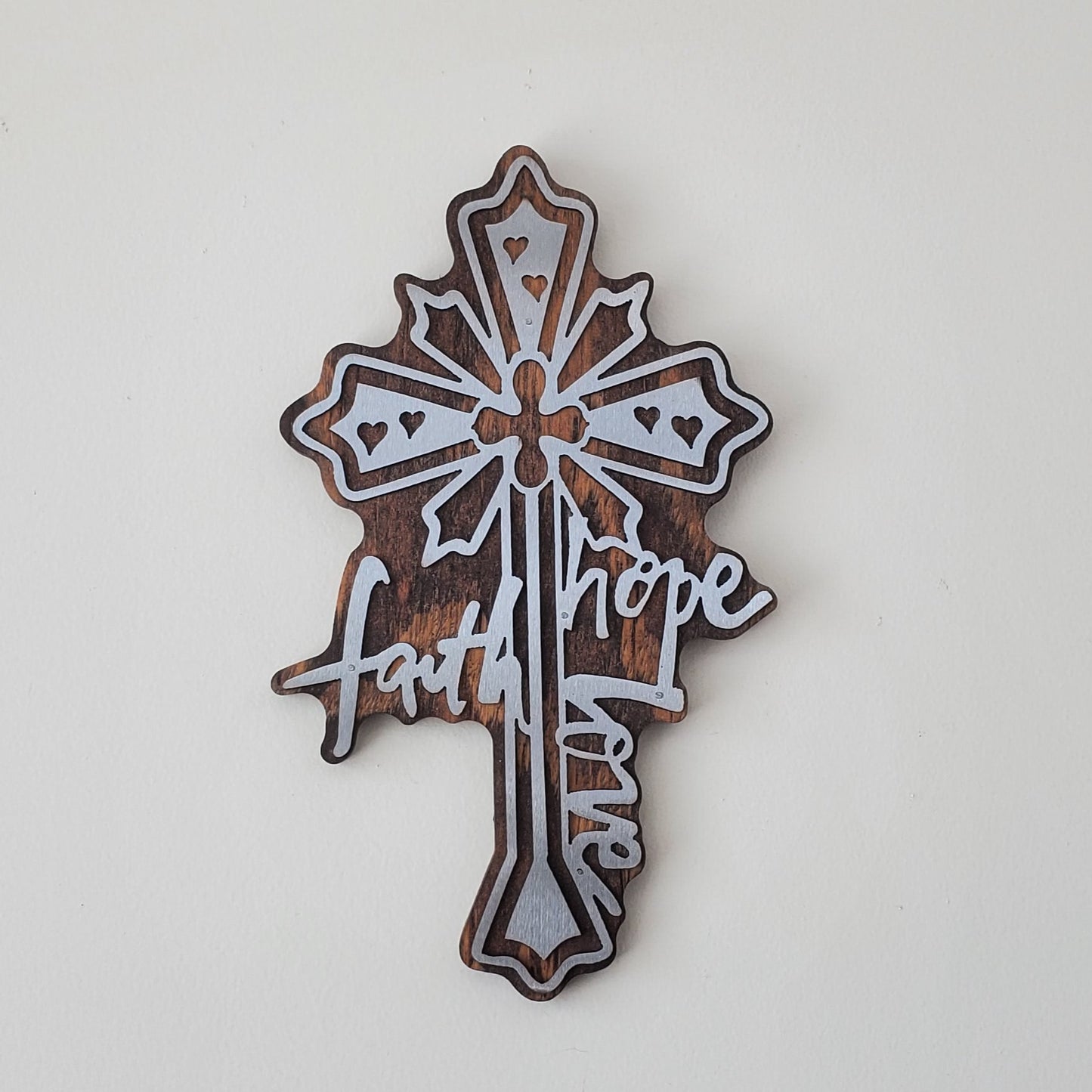 faith metal art cross on wood beamish