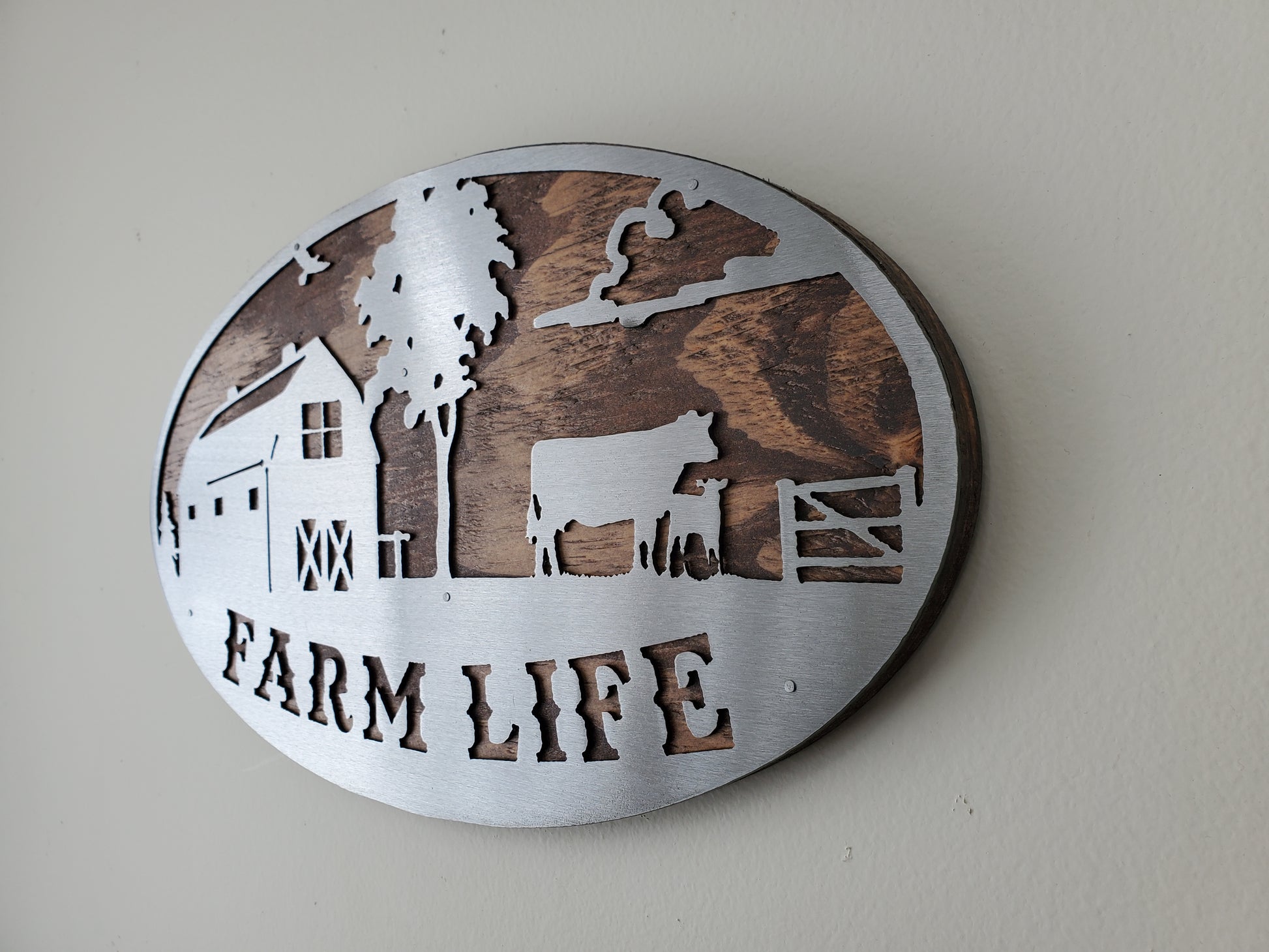 side view farm house scen metal wall sign